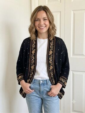 Miss Me Black Gold Metallic Sequin Embroidered Boho Knit Kimono Cardigan - S